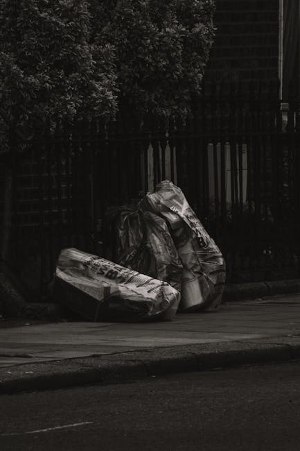 Two large black plastic rubbish bags, appearing scrunched and slightly torn, sit on the pavement near the curb in front of a dark wooden fence with vertical slats and a lattice panel on the left. The